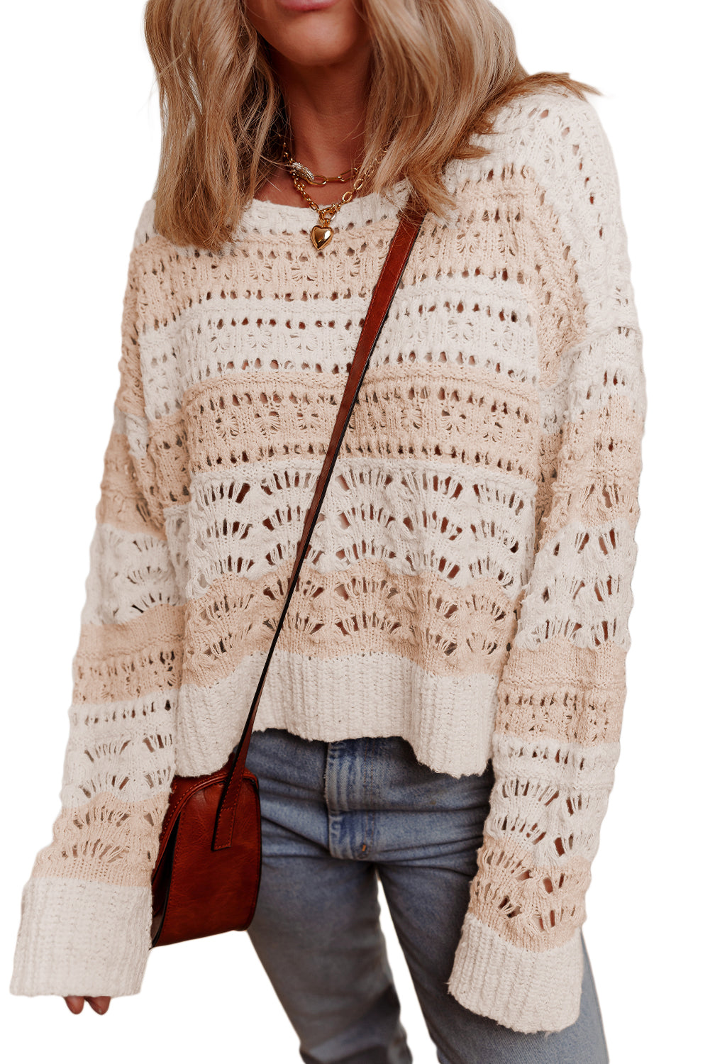 Pink Hollow-out Colorblock Drop Shoulder Casual Sweater