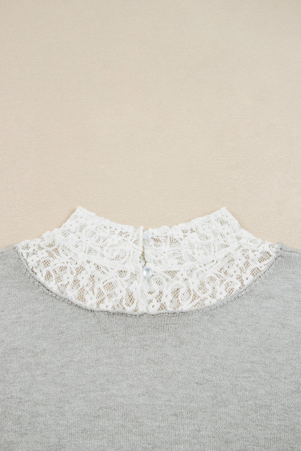 Light Grey Button Keyhole Lace Patchwork Drop Shoulder Sweater