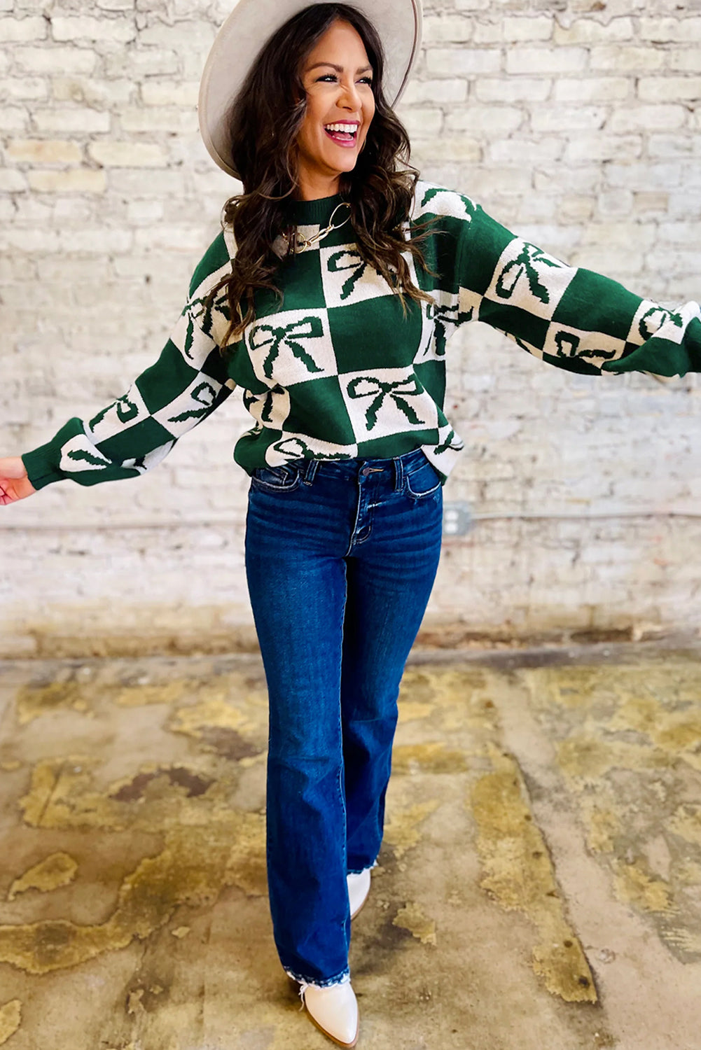 Blackish Green Bow Print Checkered Knit Sweater