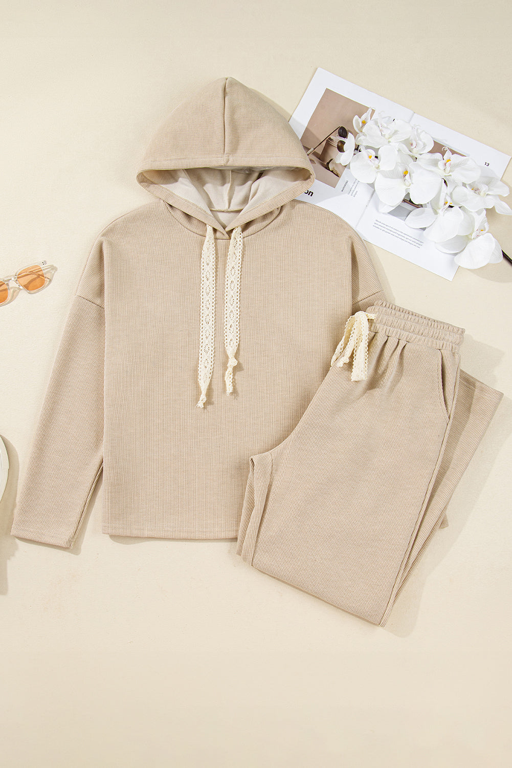 Jet Stream Drawstring Pullover Hoodie and High Waist Pants Corduroy Suit