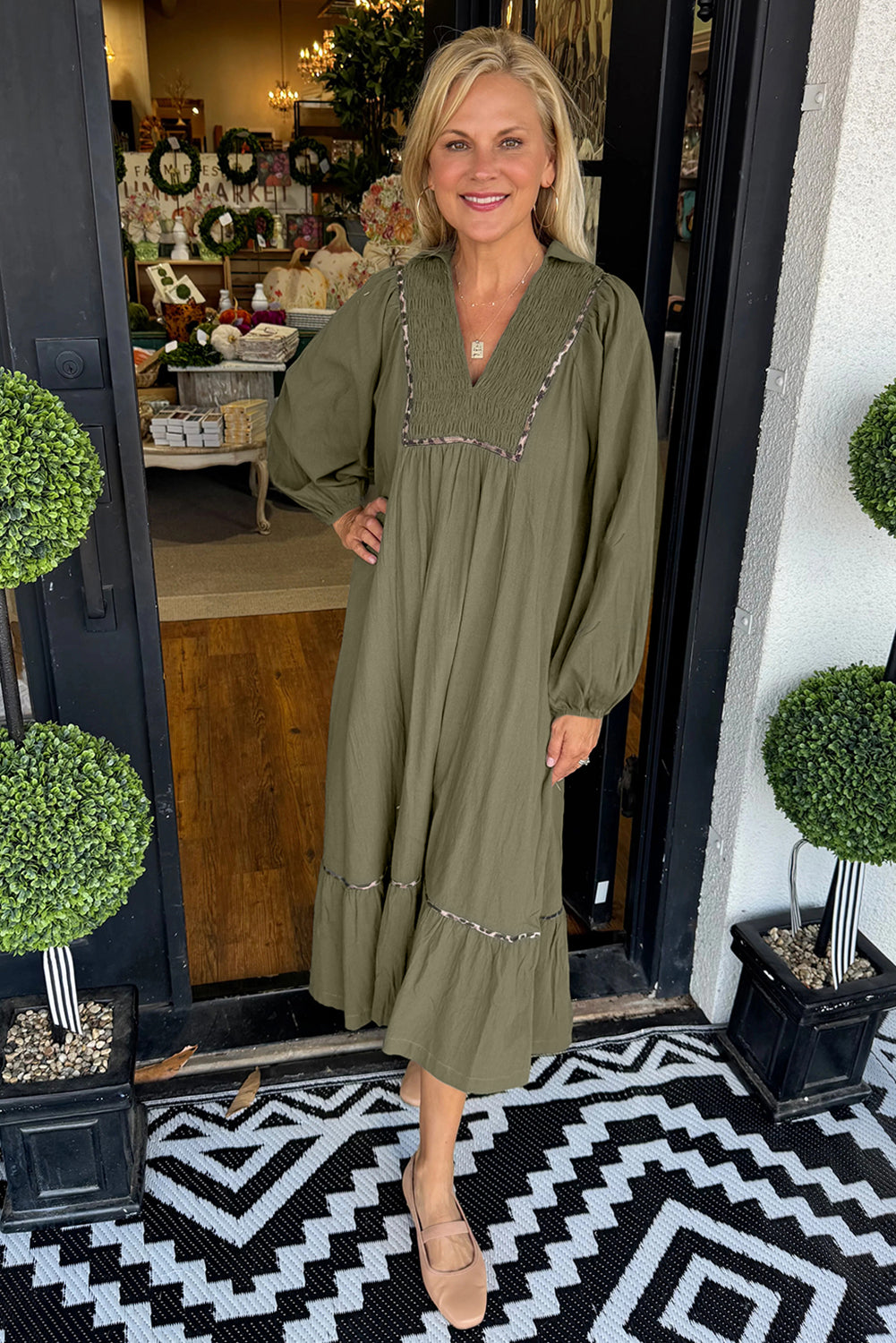 Green Collared V Neck Smocked Detail Contrast Leopard Trim Long Dress