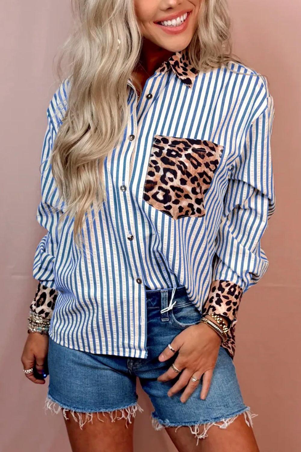 Sky Blue Contrast Leopard and Stripes Button Up Shirt