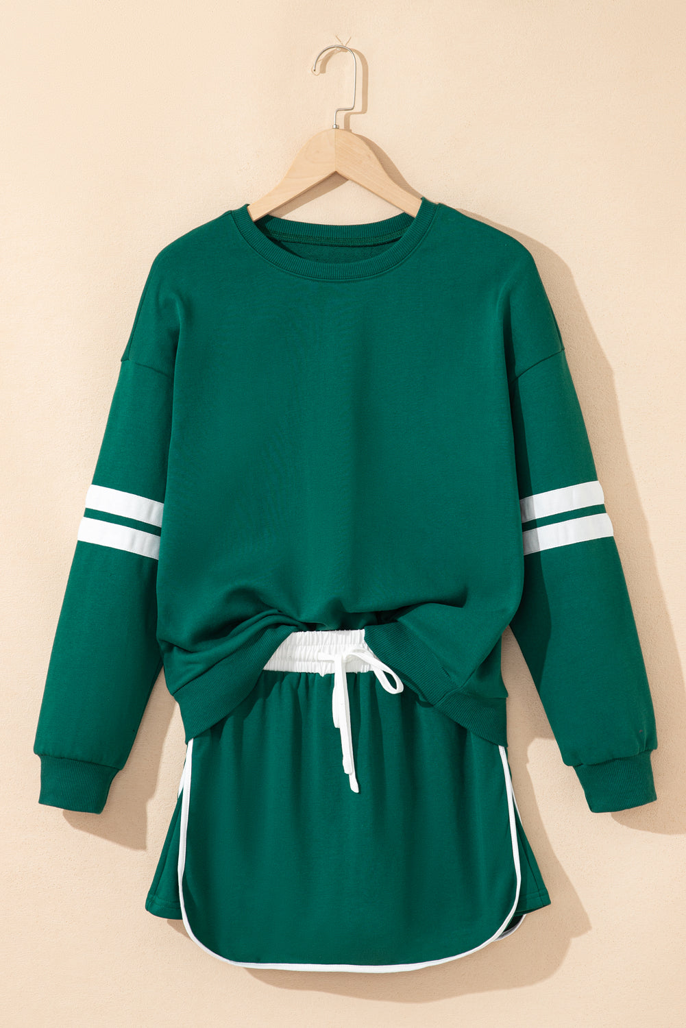 Evergreen Varsity Stripe Detail Drop Shoulder Pullover Mini Skort Set