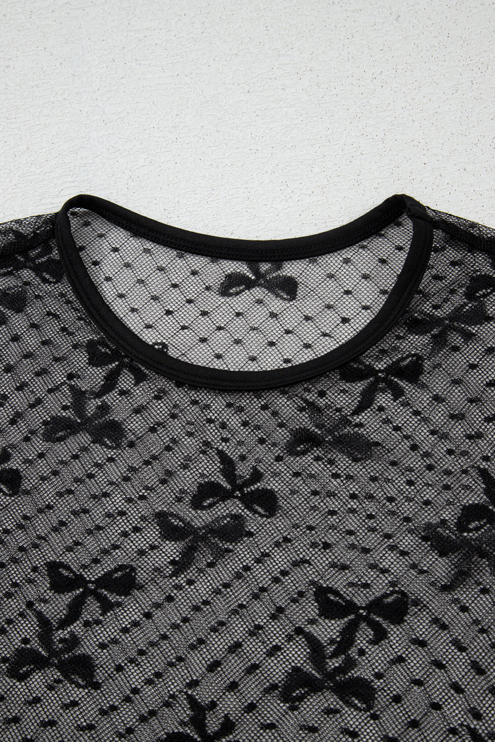 Black Dotted Bow Pattern Mesh Long Sleeve Top