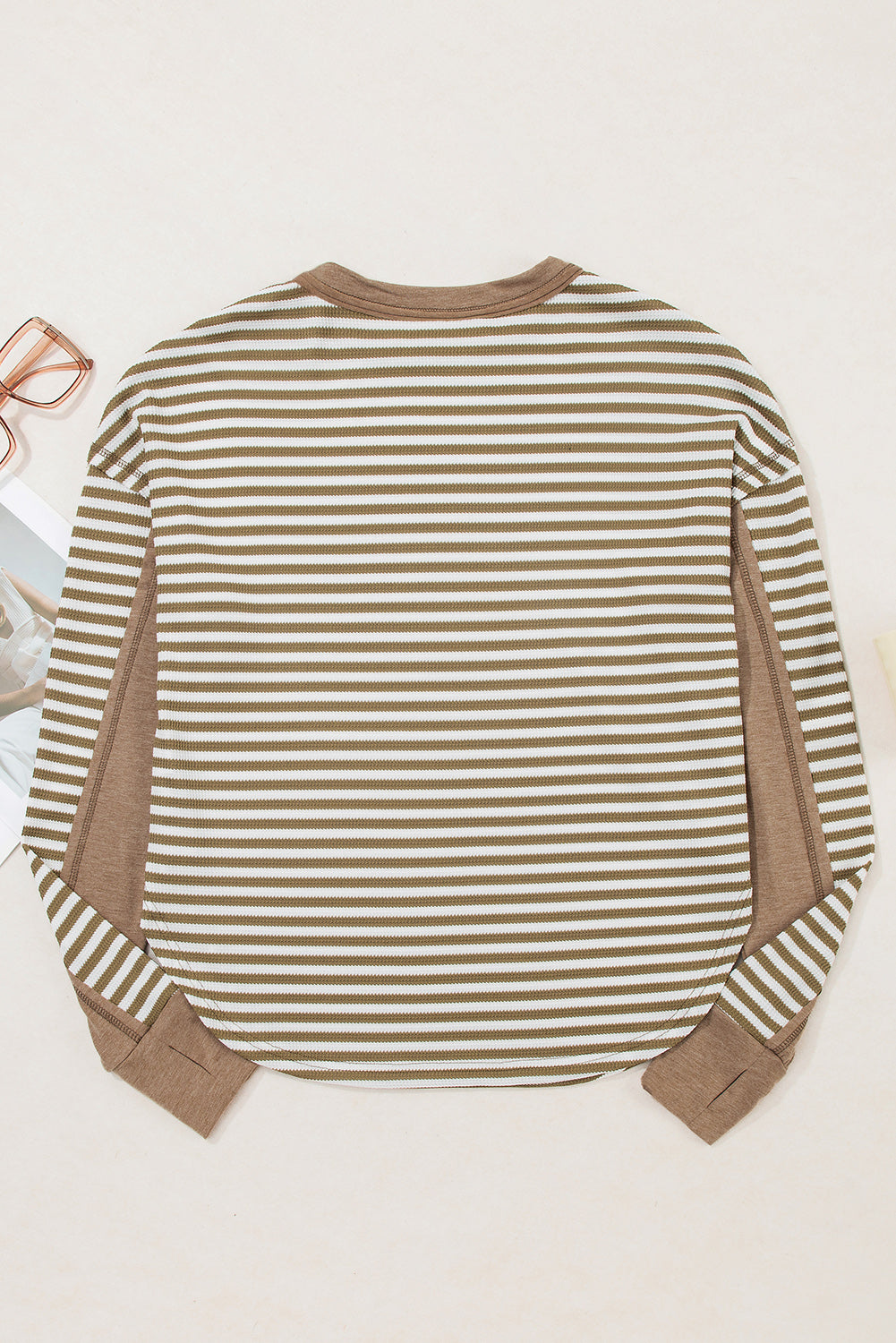 Khaki Stripe Patchwork Knit Drop Shoulder Top