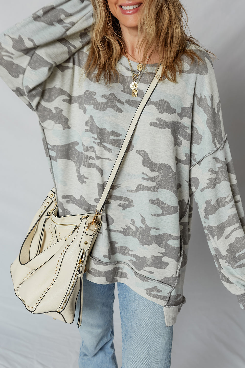 Multicolour Camouflage Print Exposed Seam Drop Shoulder Sweatshirt