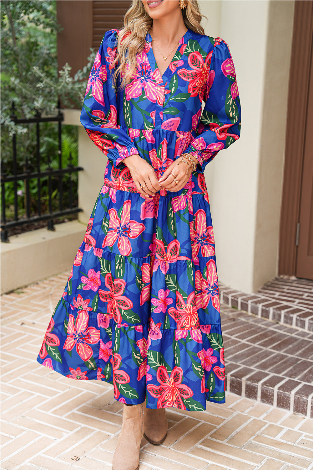 Blue Bohemian Floral Print Three Quarter Sleeve Tiered Maxi Dress
