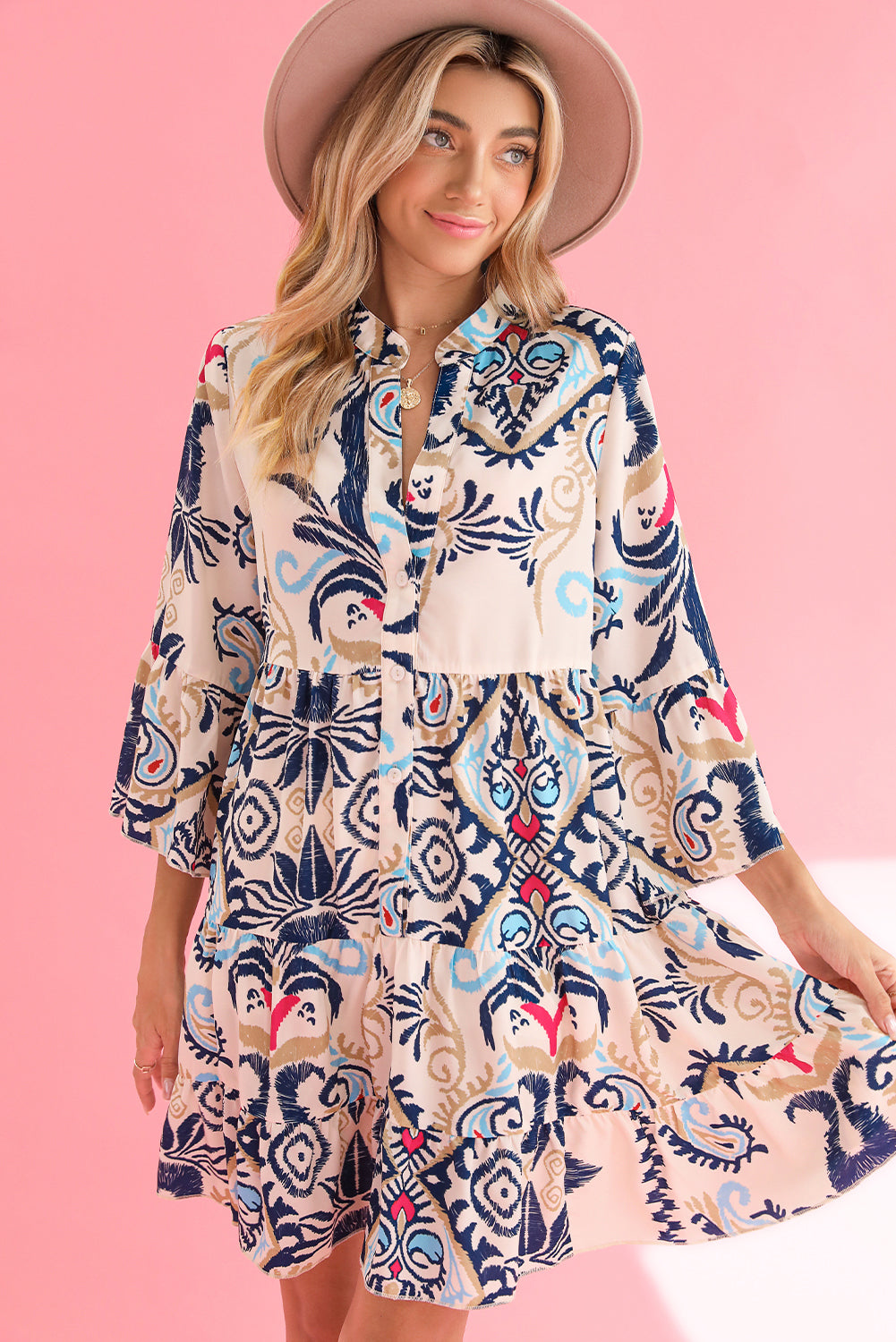 White Ethnic Print Boho Button Tiered Mini Dress