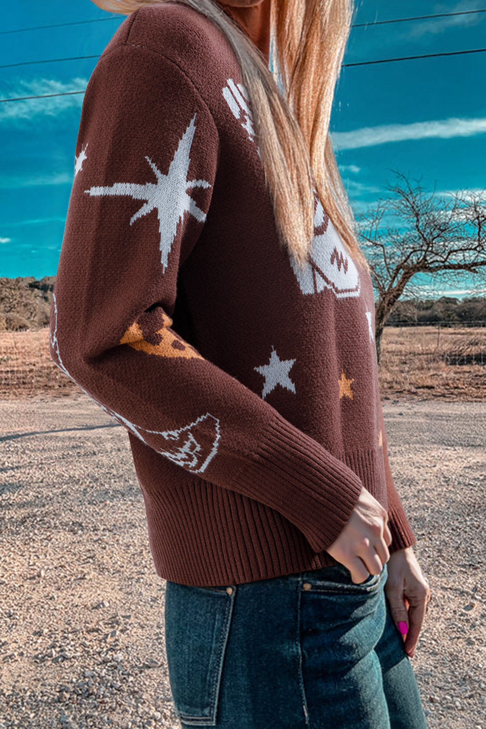 Brown Star Boots Print Cropped Knit Sweater