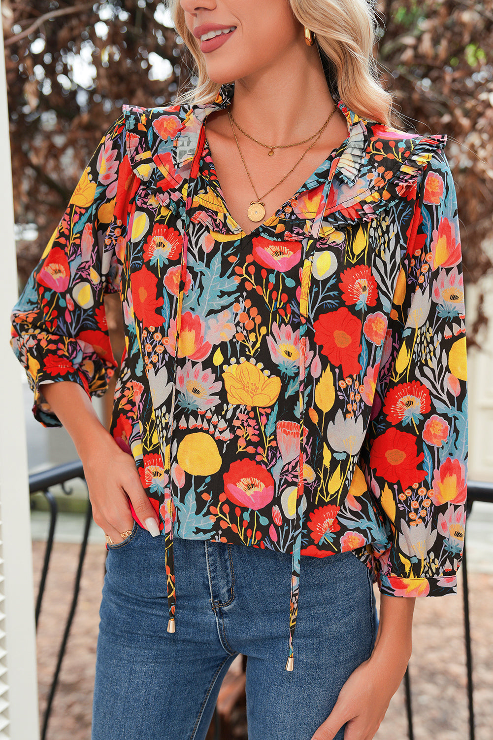 Black Floral Print 3/4 Puff Sleeve Frill Neck Blouse