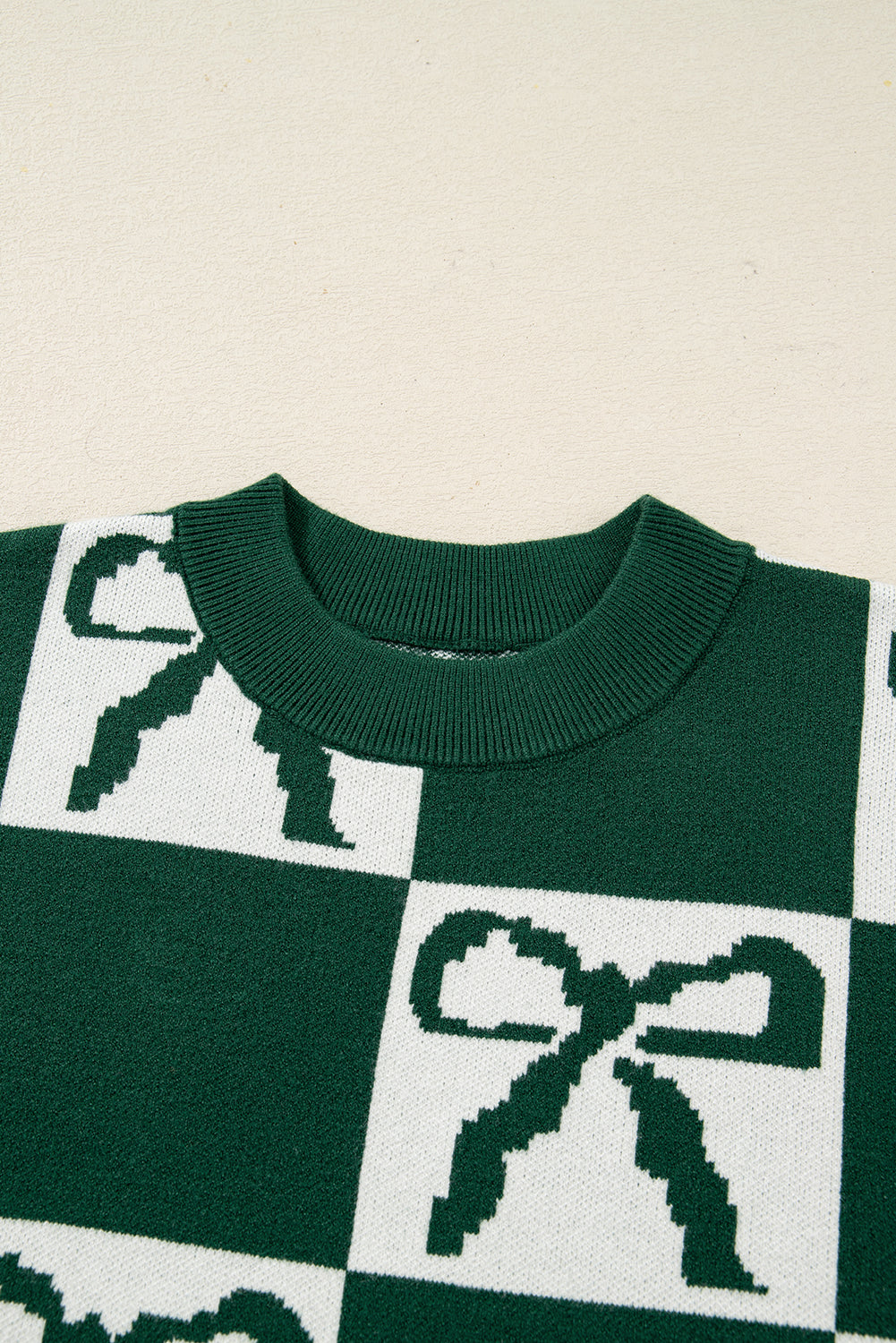 Blackish Green Bow Print Checkered Knit Sweater