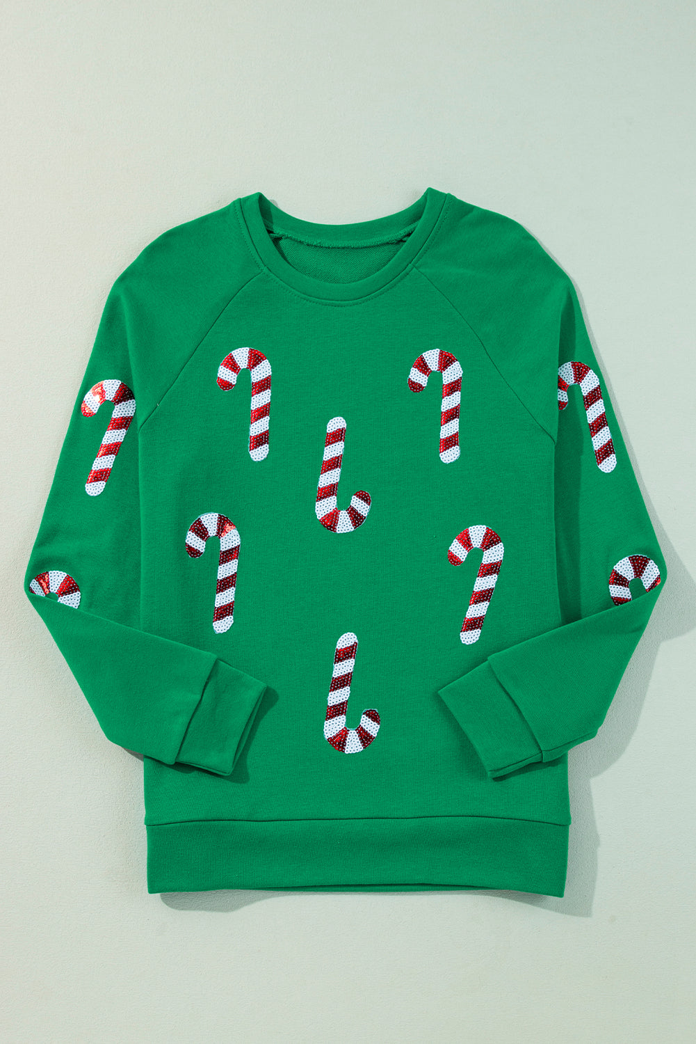 Green Christmas Candy Cane Graphic Sequins Patch Pullover Sweatshirt