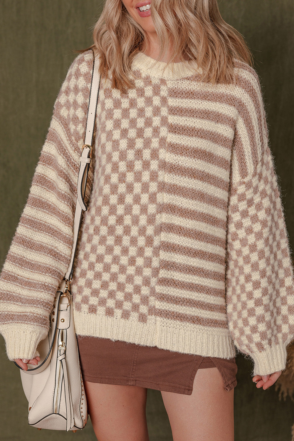Khaki Stripe Checkerboard Drop Shoulder Balloon Sleeve Sweater