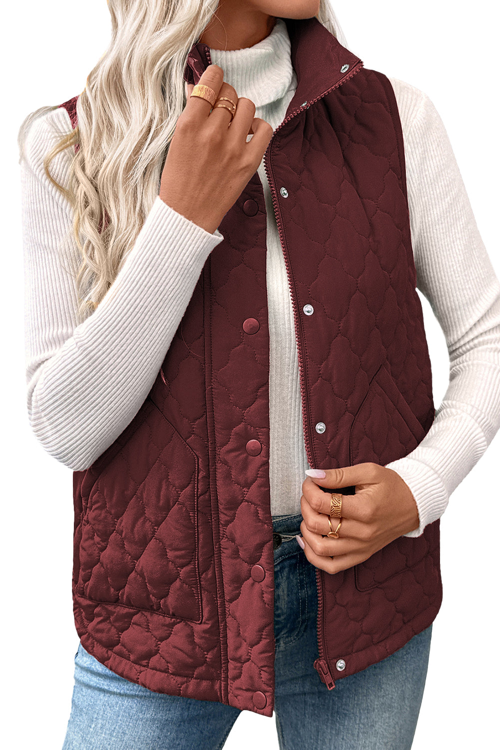 Wild Ginger  Flower Shape Quilted Snap Button Zip Up Winter Vest