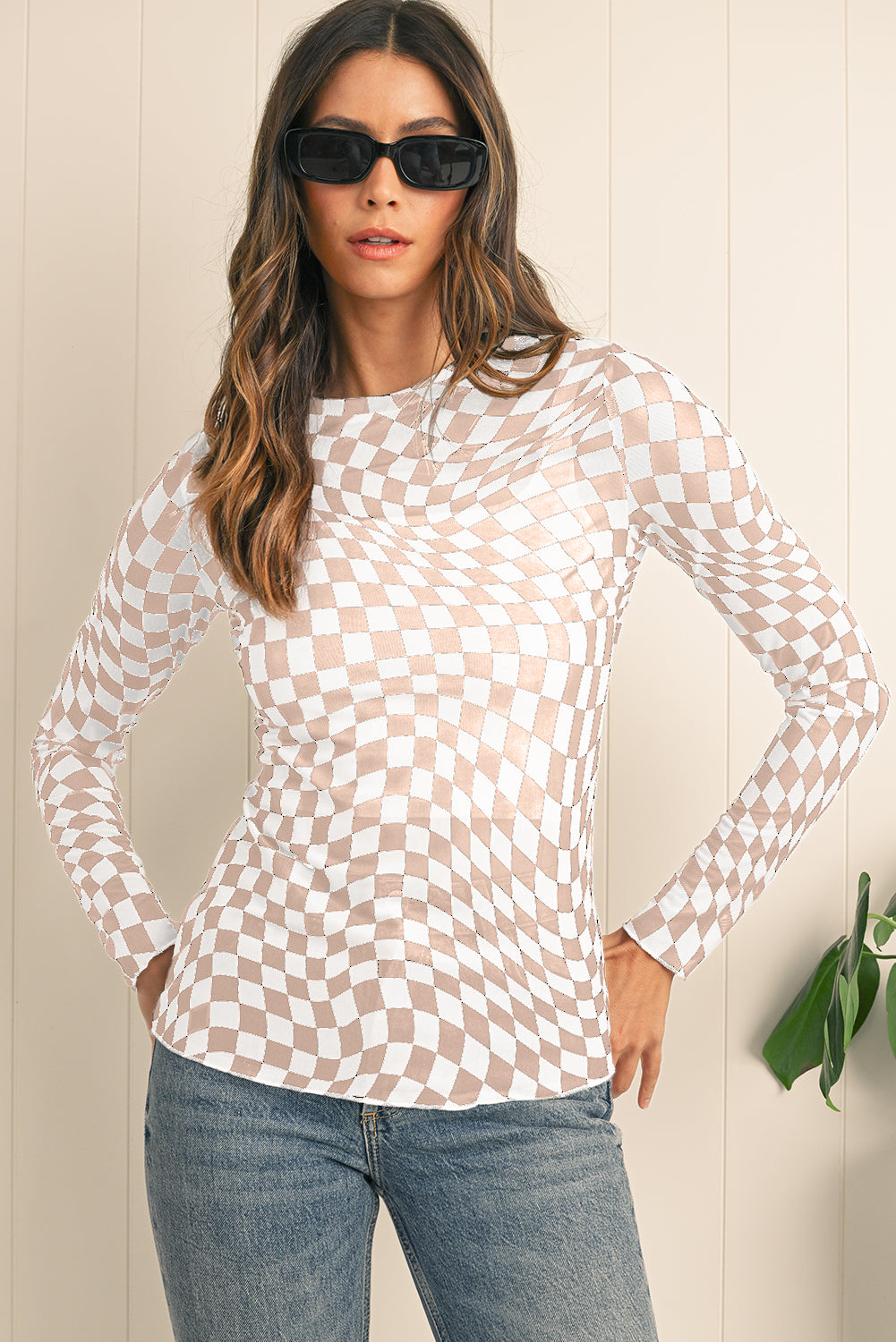 Khaki Checkered Pattern Mesh Long Sleeve Top