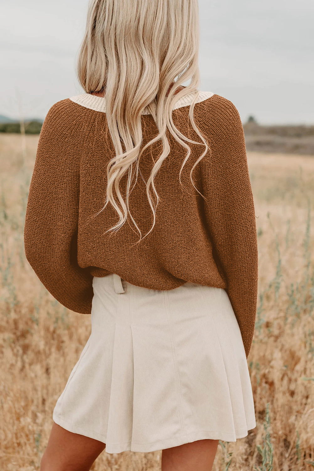 Chestnut Contrast Color V Neckline Knit Cardigan