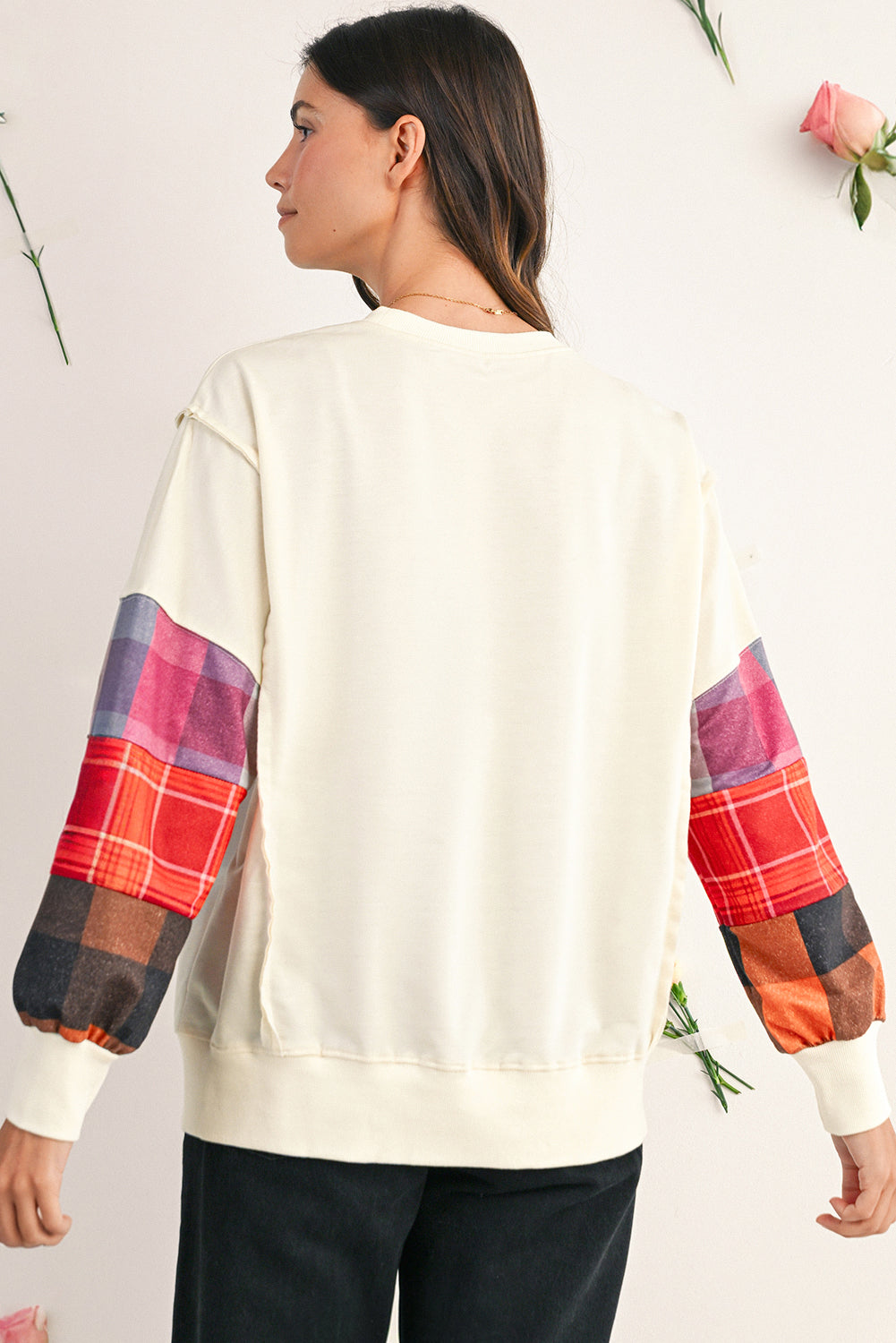 Beige Plaid Patchwork Long Sleeve Exposed Seam Loose Top