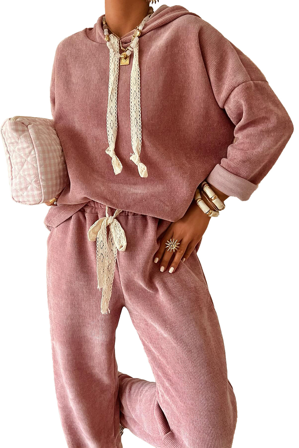 Rose Tan Drawstring Pullover Hoodie and High Waist Pants Corduroy Suit