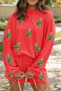 Gold Flame Sequin Christmas Tree Graphic Patch Application Long Sleeve Top and Shorts Set