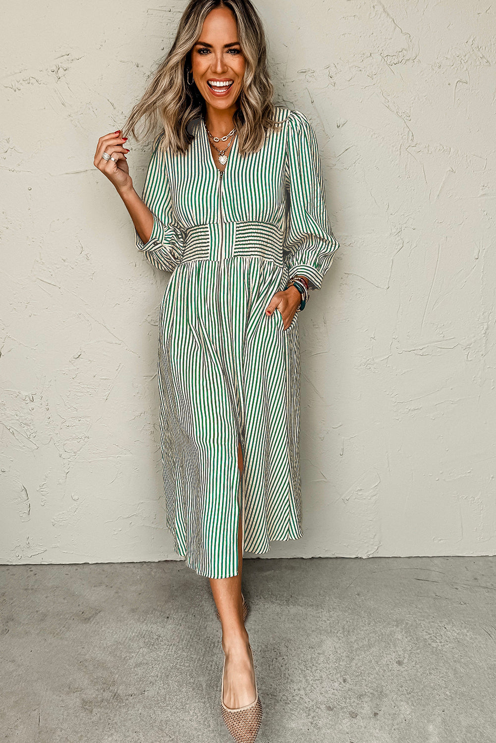 Green Striped V Neck Zip Front Cinched High Waist Midi Dress
