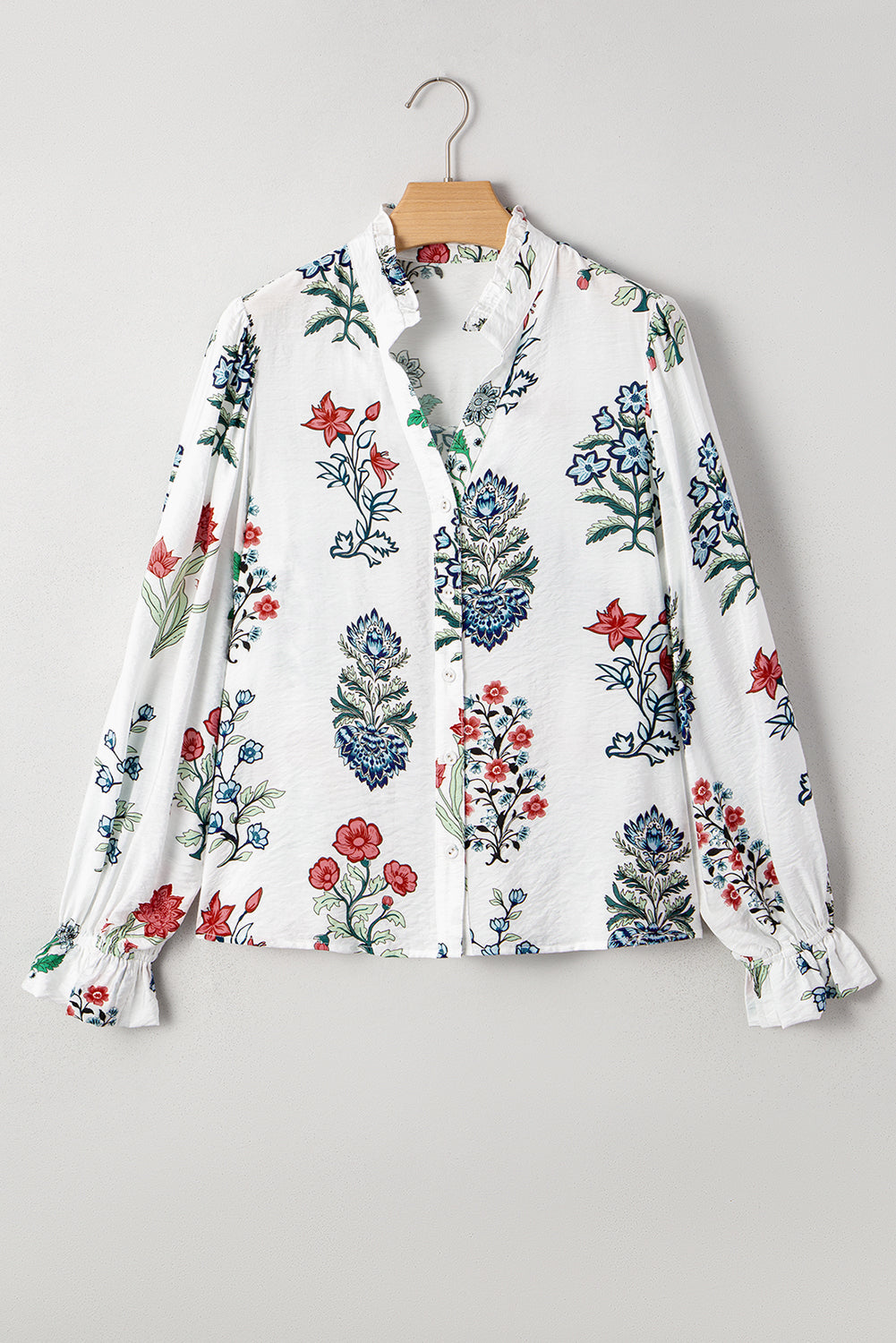 White Floral Print V Neck Loose Drop Sleeve Shirt