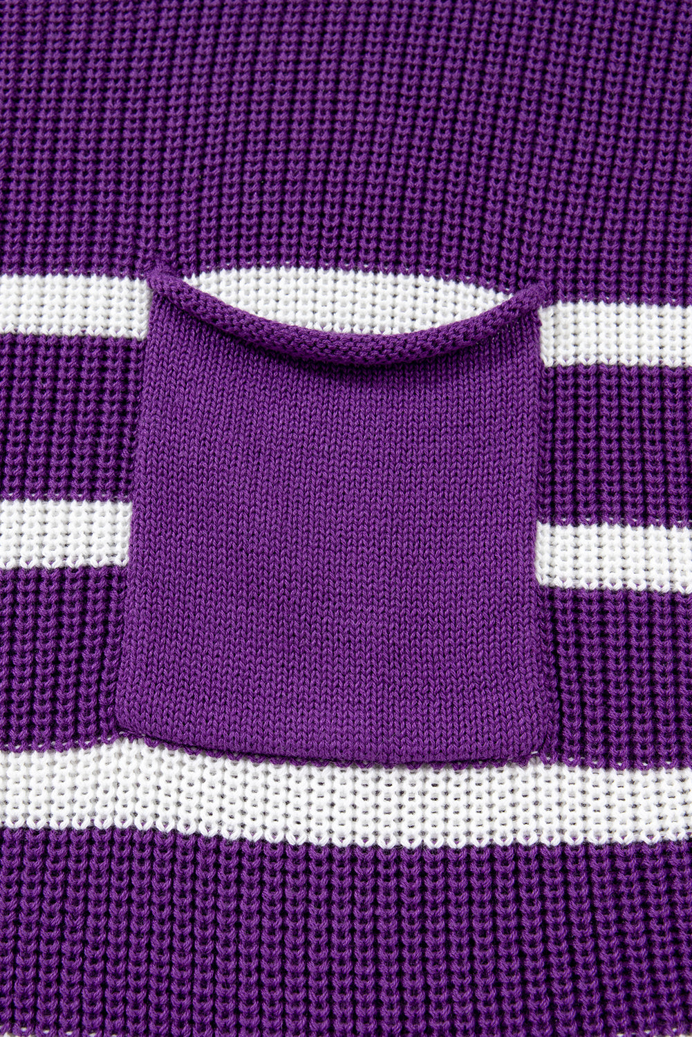 Purple Stripe Raw Edge Patched Pocket Short Sleeve Knit Sweater