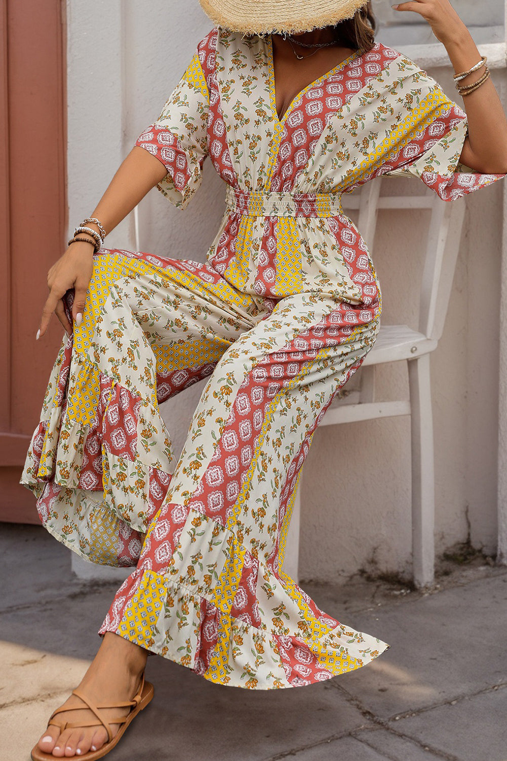 Yellow Boho V Neck Half Sleeve Patchwork Maxi Dress