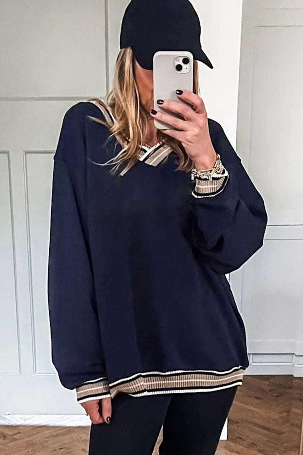 Navy Blue Varsity Contrast Trim V Neck Sweatshirt