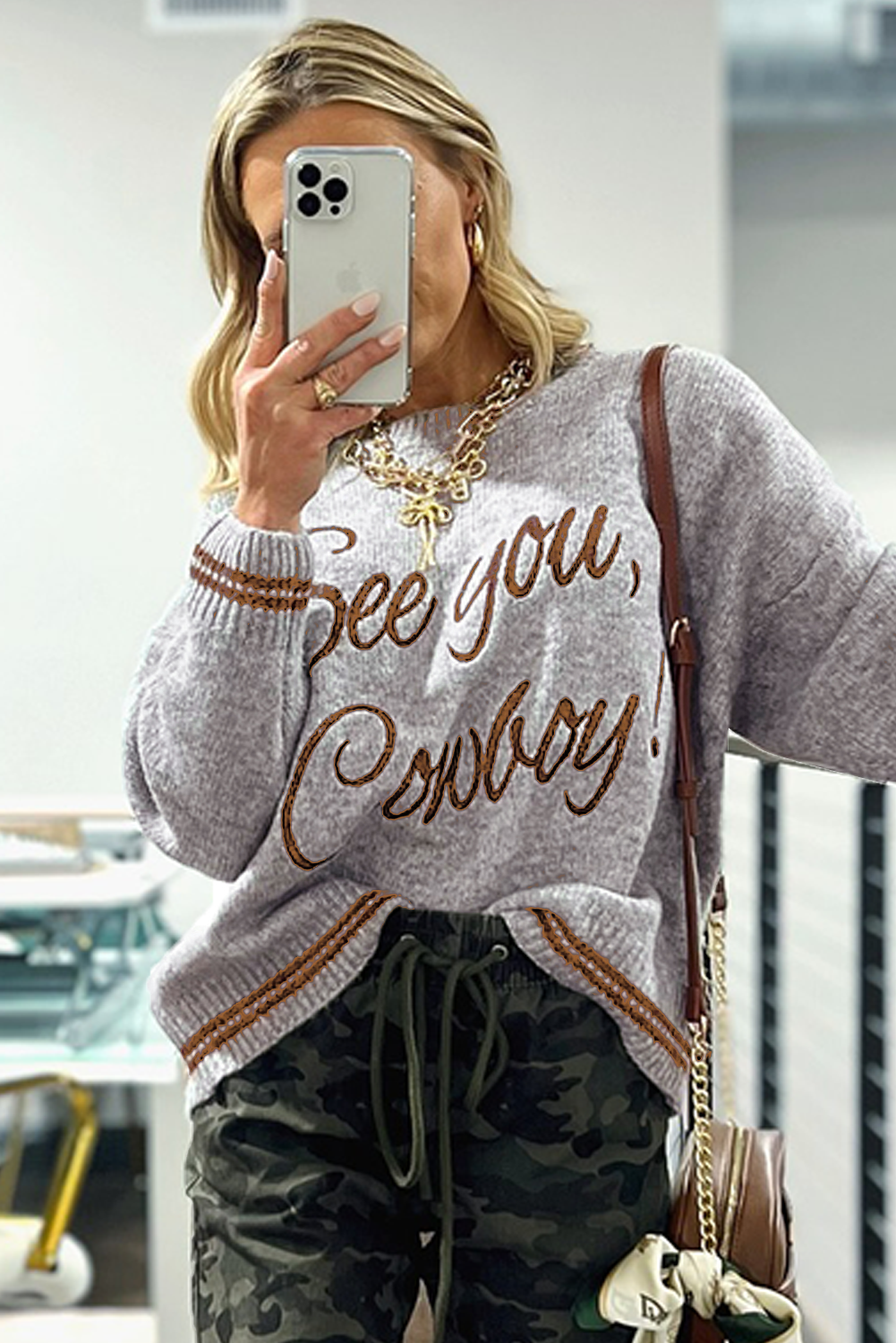 Light Grey Letter Embroidered Graphic Sweater