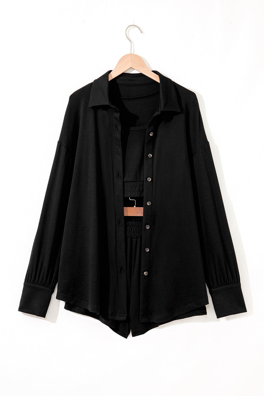 Black Shirred Hem Crop Tank Top Loose Shorts Cardigan 3 Piece Pajama Set