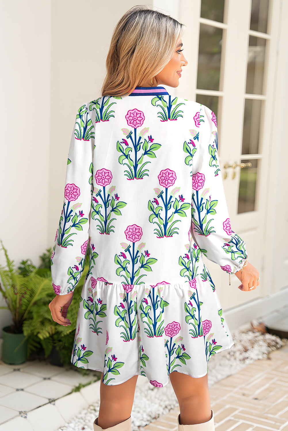 White Floral Print Pop of Color V Neck Mini Dress