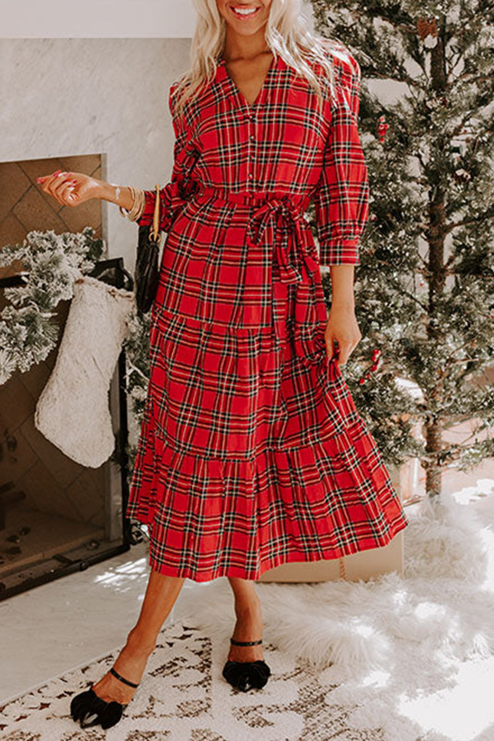 Red Christmas Plaid V Neck Tie Waist Ruffle Hem Long Dress