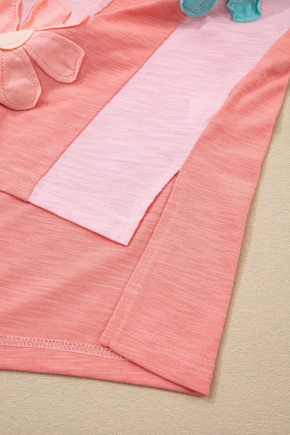 Pink Flower Patched Exposed Seam 3/4 Sleeve top