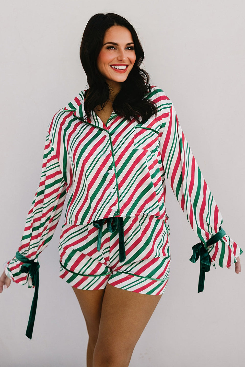 Green Striped Piping Trim Velvet Ribbon Knot Christmas Pajama Set