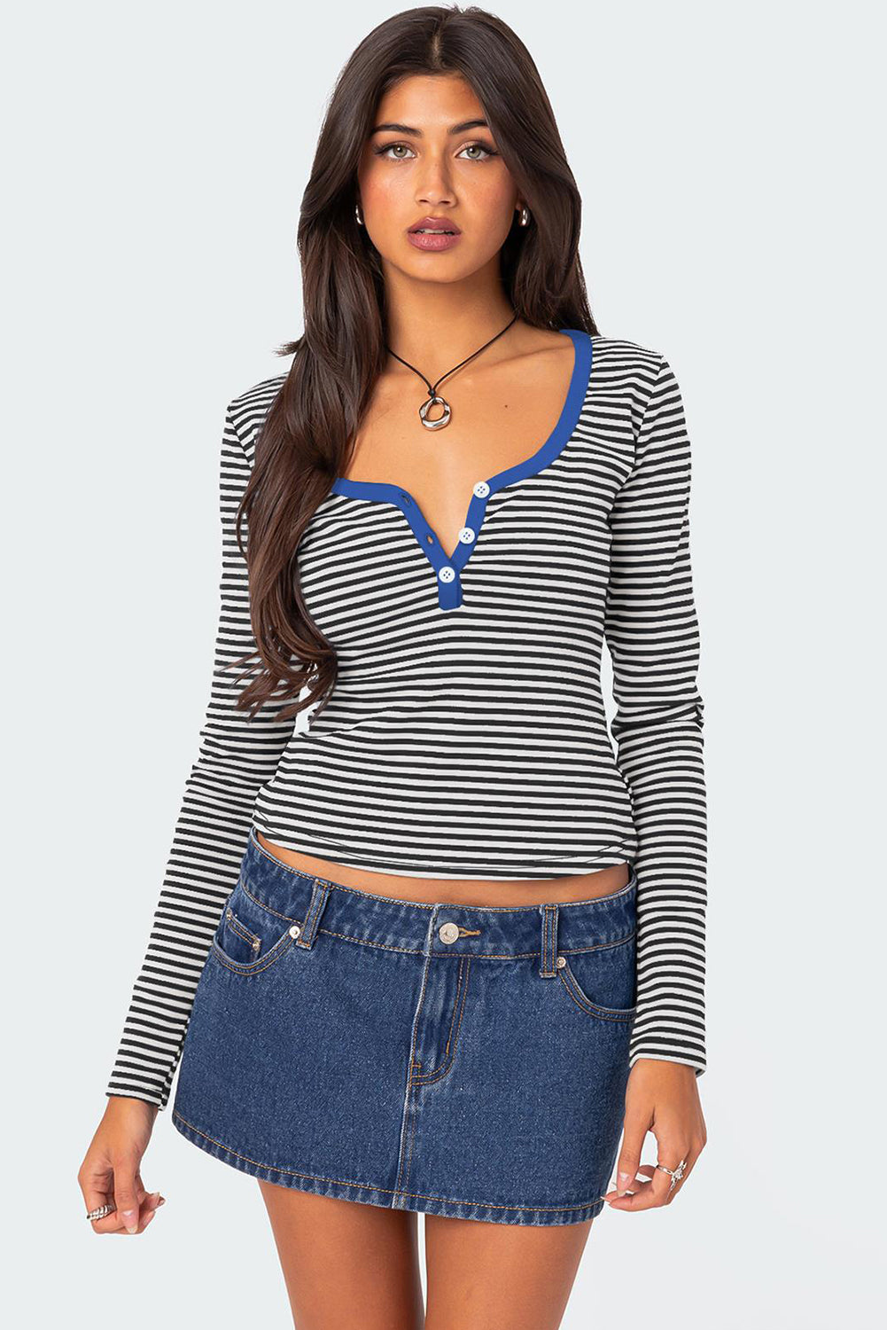 Black Stripe Contrast Trim Long Sleeve Henley Top