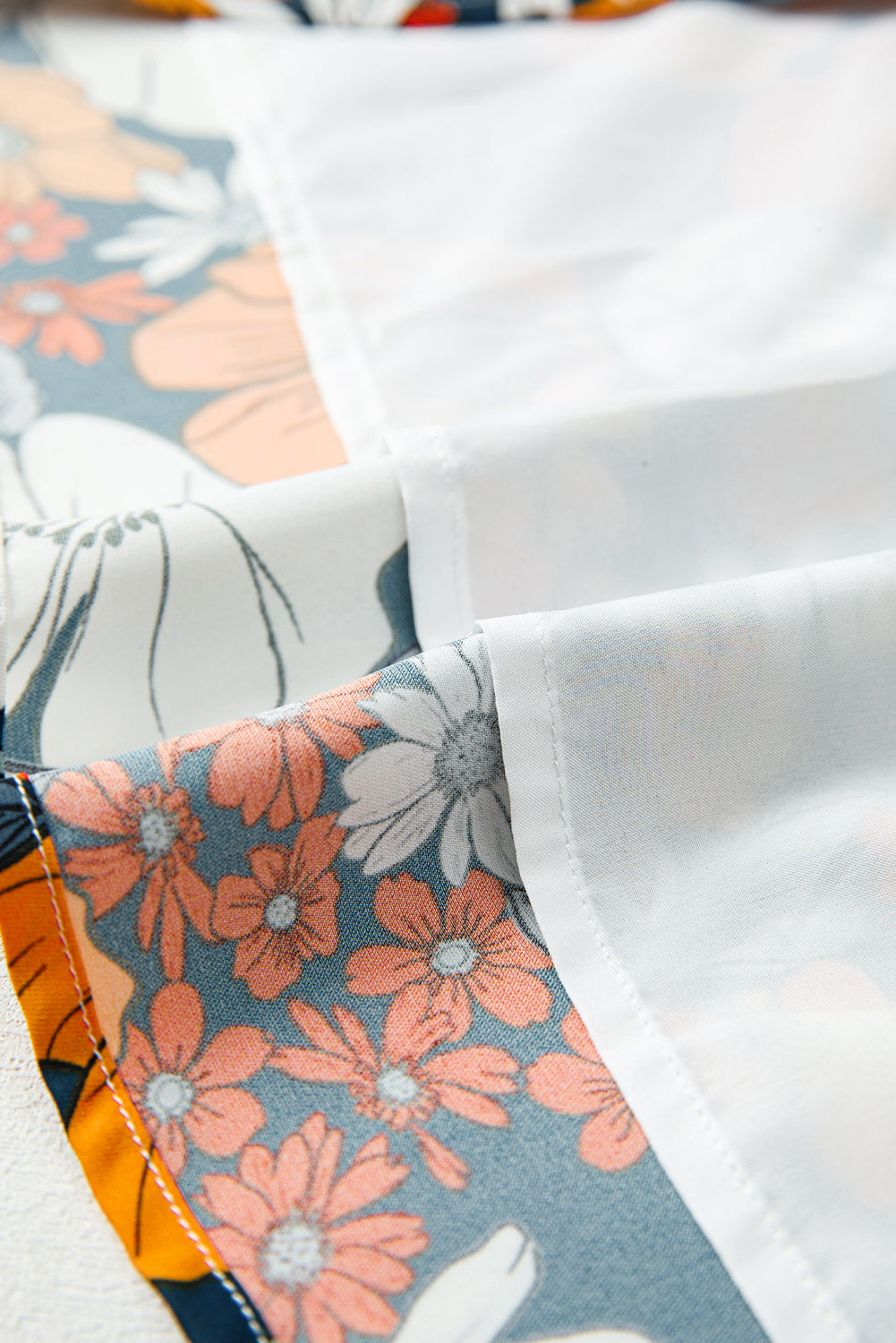 Orange Floral Print Striped Lace V Neck Long Sleeve Mini Dress