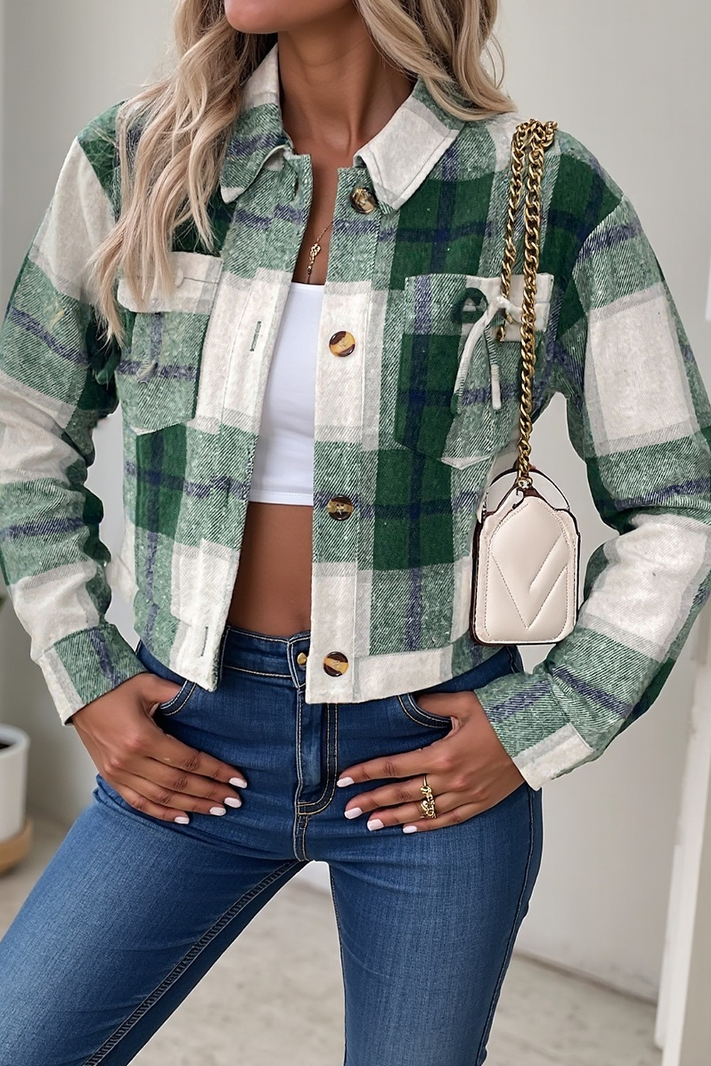Green Plaid Flap Pocket Cropped Shacket