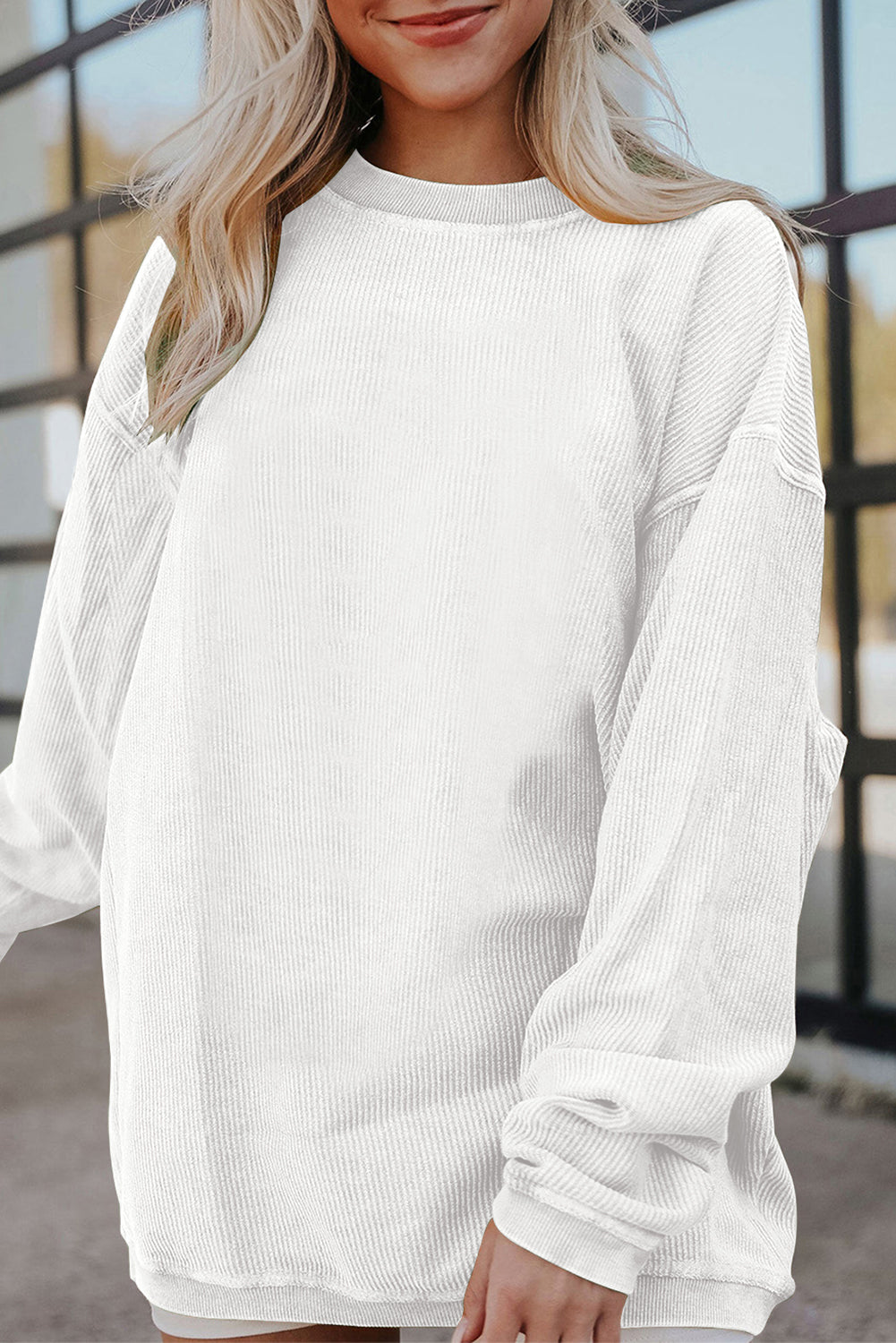 White Drop Shoulder Rib Knit Oversized Sweatshirt