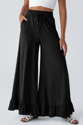 Black Solid Color Ruffle Hem Wide Leg Pants