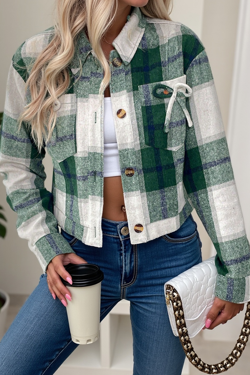 Green Plaid Flap Pocket Cropped Shacket