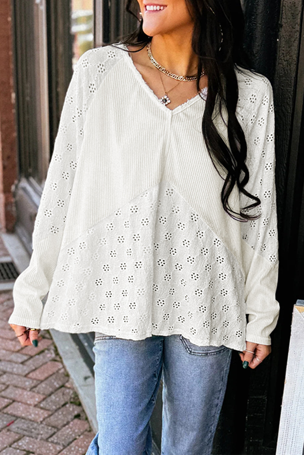 White Twisted Rib Patchwork Floral Embroidered Loose Long Sleeve Top