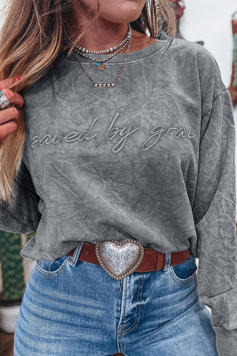 High-rise  saved by grace Letter Embroidery Mineral Wash Loose Sweatshirt