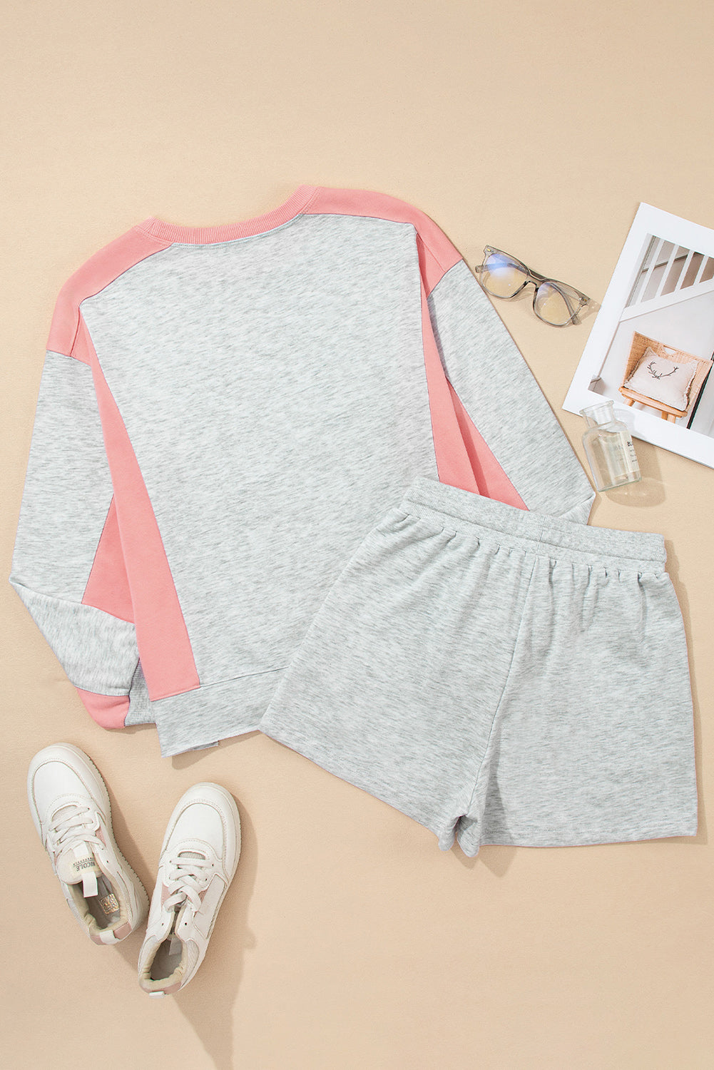 Light Grey Colorblock Raw Hem Pullover and Shorts Set