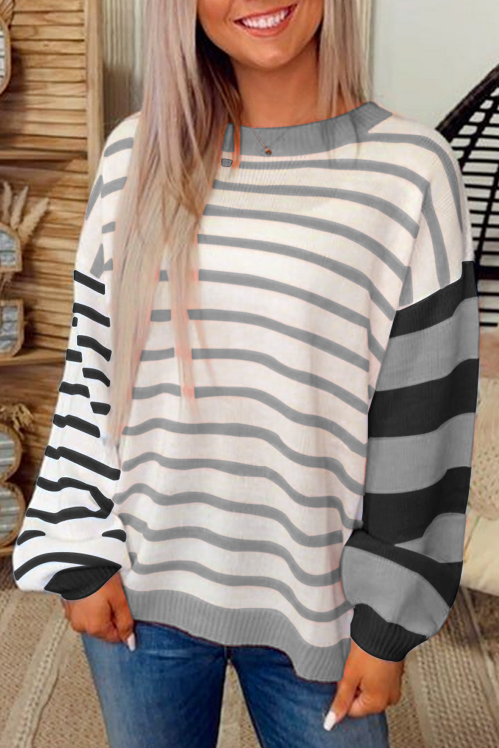 Gray Striped Colorblock Pullover Sweater