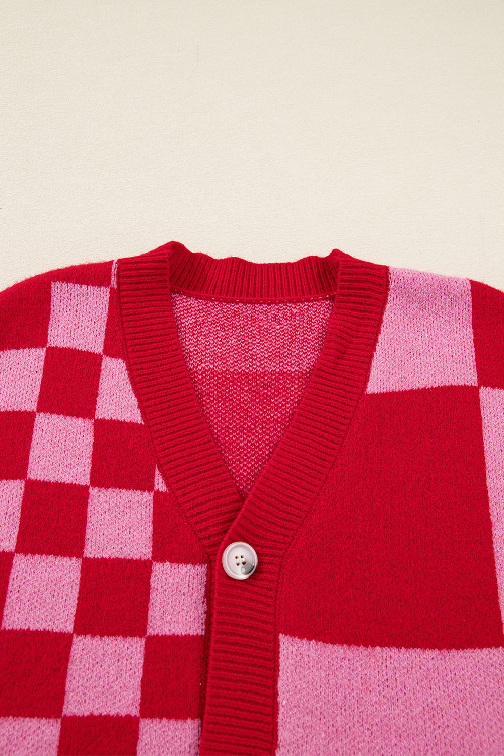 Fiery Red Colorblock Plaid Button Knit Cardigan