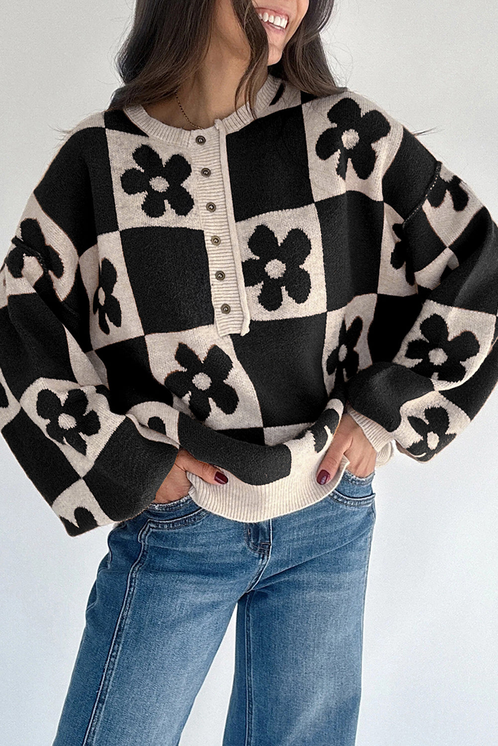 Black Flower Colorblock Checkered Henley Sweater