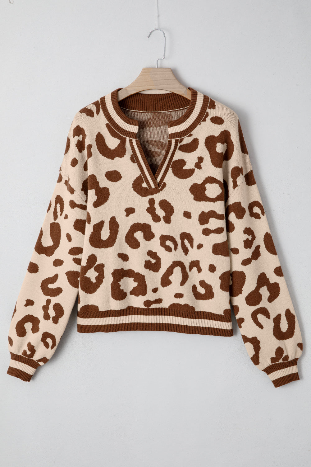 Light French Beige Leopard Printed Knit V Neck Sweater