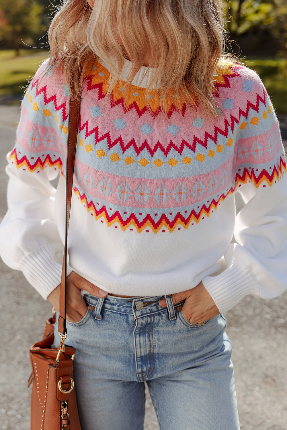 White Ethnic Geometric Colorblock Pattern Drop Shoulder Sweater