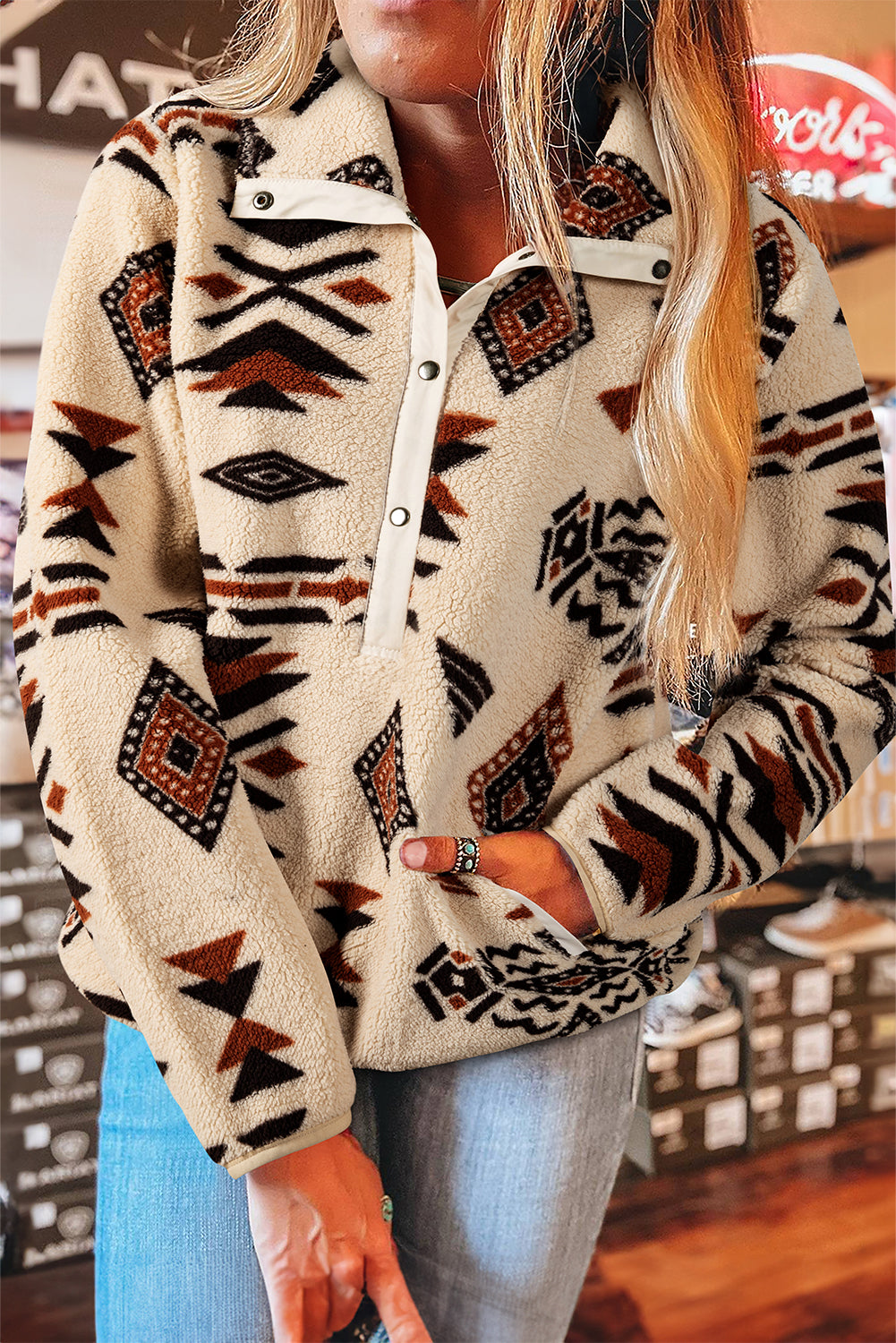 Beige Vintage Geometric Half Zip Plush Sweatshirt