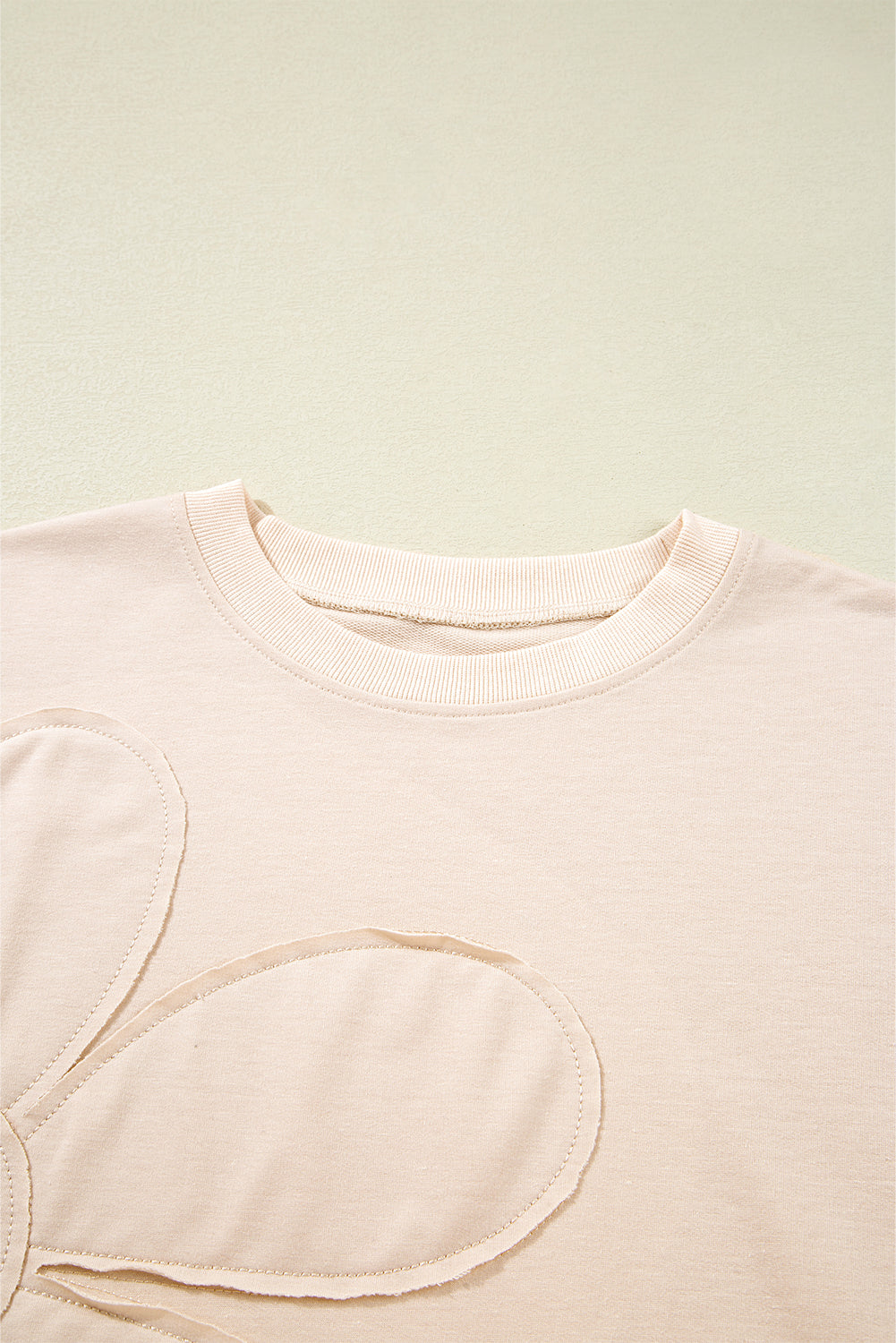 Beige Raw Edge Flower Patch Drop Shoulder Long Sleeve Top